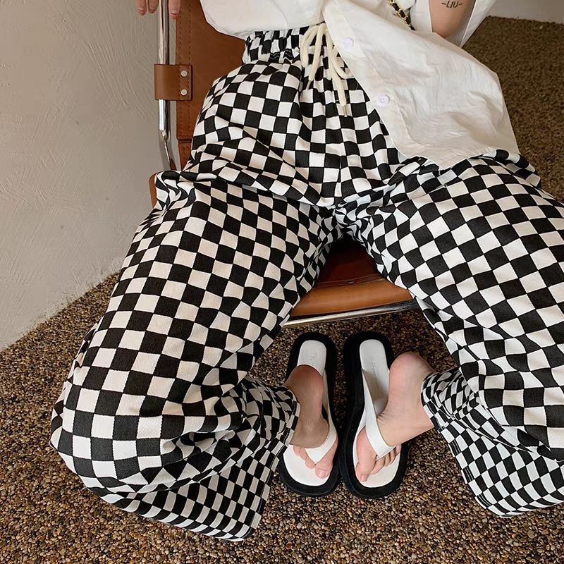 COZOK Quần dài ống rộng họa tiết caro thời trang cho nữ