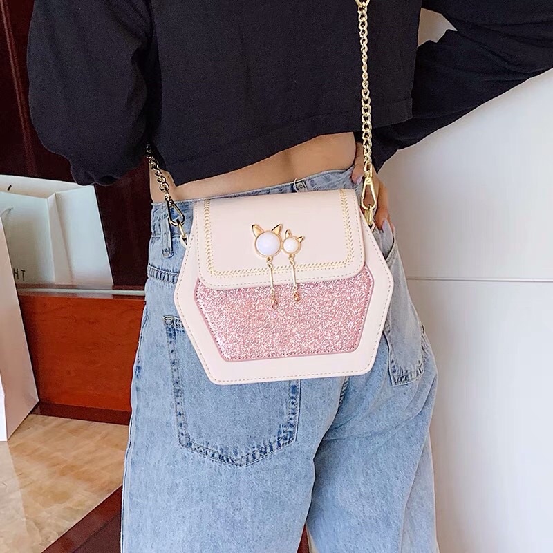 Túi xách nữ cao cấp , hình lục giác, phối nhũ phong cách NV0300