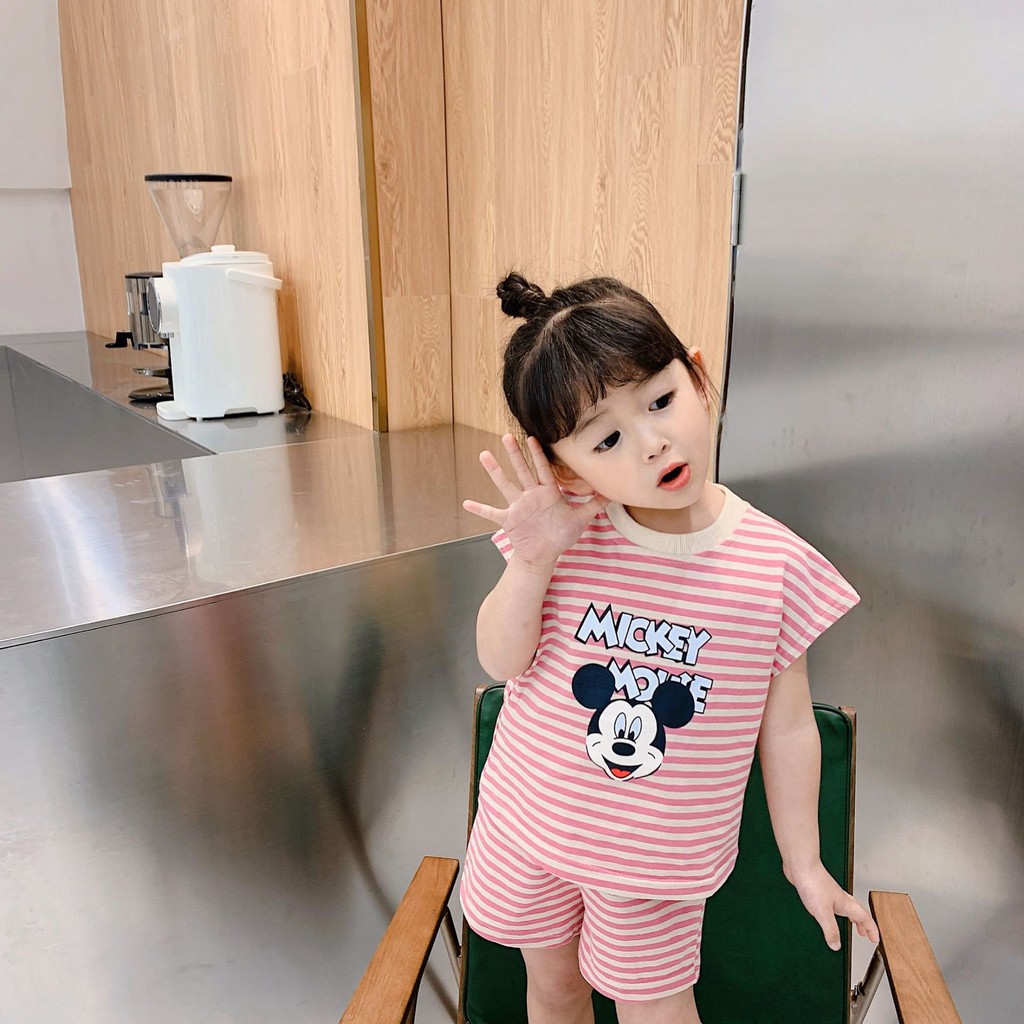 Đồ bộ bé gái, bộ đồ cotton cộc tay mùa hè cho trẻ em Mickey sọc kẻ ngang  SEKA KIDS - 2103.02