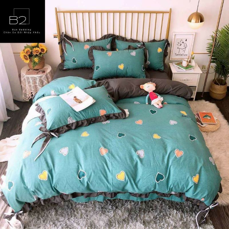 Bộ Chăn Ga Gối Chất Liệu Cotton Silk Bèo Nơ Cute Nhập Khẩu 4 Món - loại 1
