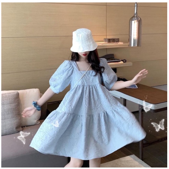 Váy babydoll Cổ Vuông Tay Bồng Chất Đũi Xốp tay bồng siêu xinh form rộng