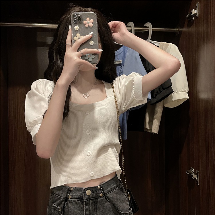 Áo thun ZHELIHANGFEI dệt kim tay phồng cổ vuông thời trang mùa hè dành cho nữ