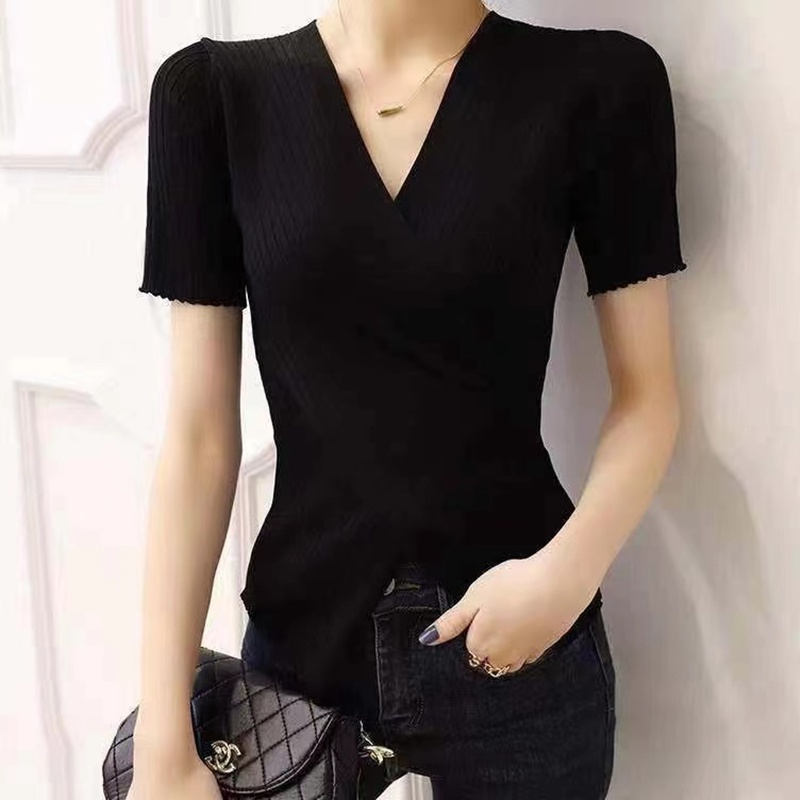 SUXI Áo Thun Dệt Kim Tay Ngắn Cổ Chữ V Màu Sắc Trơn Phong Cách Vintage Dành Cho Nữ