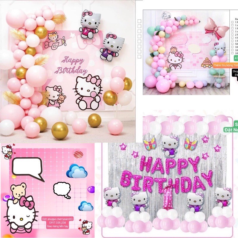 Set Bong Bóng Trang Trí Sinh Nhật Happy Birthday Chủ Đề Hello Kitty Cho Bé Gái Đầy Đủ Phụ Kiện Rèm Bơm Keo