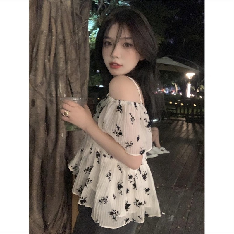 Áo Sơ Mi Chiffon Cổ V Trễ Vai Tay Ngắn Dáng Rộng In Họa Tiết Hoa Kiểu Pháp Thời Trang Mùa Hè Cho Nữ