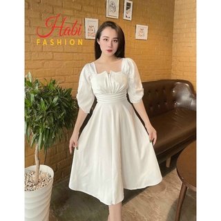 Váy trắng xòe thiết kế ngực nụ tay nhún xinh xỉu, đầm xòe dự tiệc, sinh nhật, kỷ yếu... ảnh Habi fashion