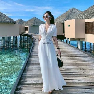 Váy đầm maxi trắng đi tiệc, biển, có video + ảnh thật