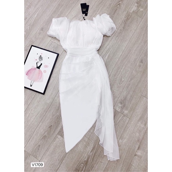 V1709 váy body trễ vai màu trắng