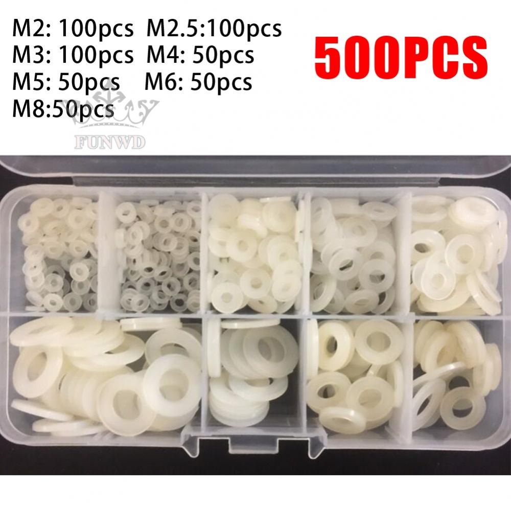 【FUNWD】500PCS Nylon Flat Washer Assortment Kit M2 M2.5 M3 M4 M5 M6 M8 Screw/Bolt