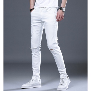quần jean trắng nam rách gối co giãn slimfit skinny phom ôm Pon.mens