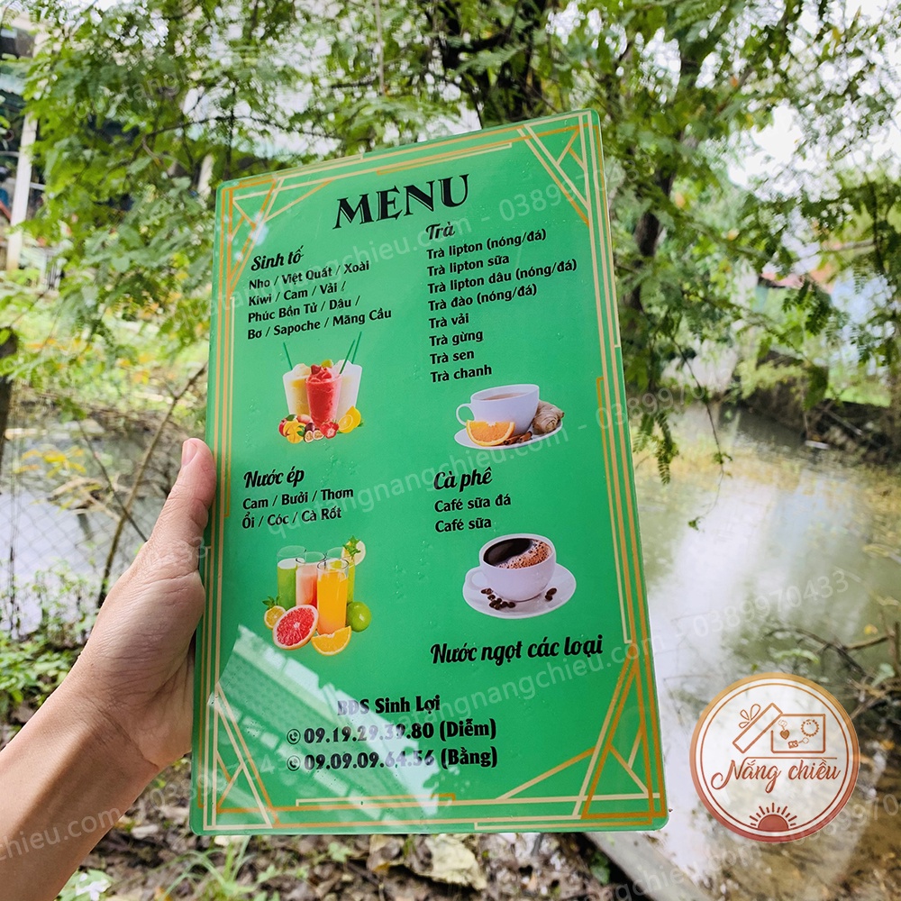 Menu đồ uống nước ép cho tiệm cà phê thiết kế nội dung theo yêu cầu - Chất liệu mica sáng bóng - Size 17x27cm