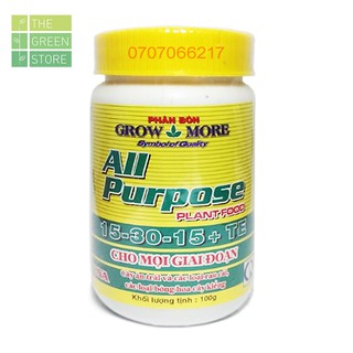 Phân bón Grow More NPK 15-30-15 cho mọi giai đoạn của hoa kiểng (lan, hồng, mai, bonsai...), rau màu, cây ăn trái 100g