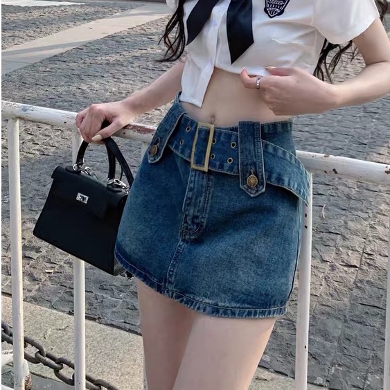 Chân váy jean QKOOLE dáng chữ A lưng cao phong cách Hàn Quốc cho nữ