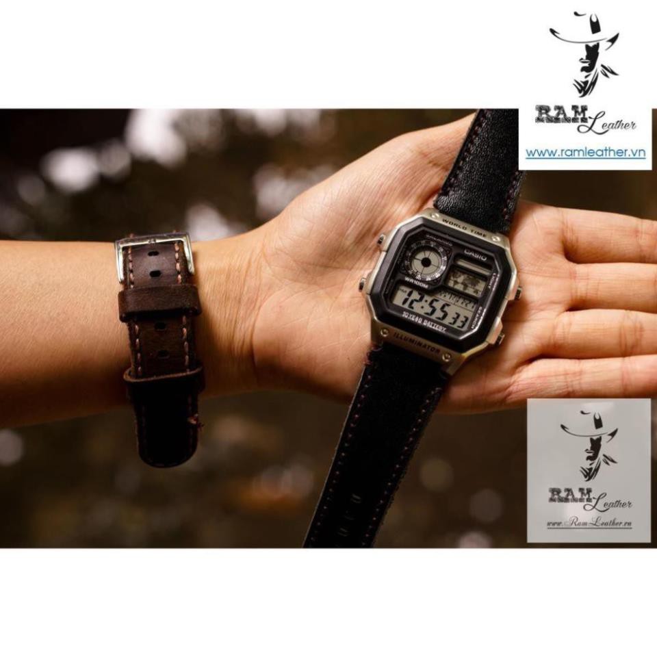 Dây đồng hồ da bò cho Casio AE1200 WHD và Seiko 5 37mm  - Da bò đen tuyền   . . . . *
