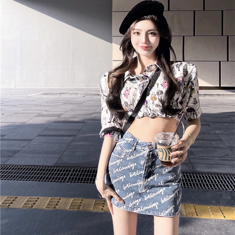 Chân Váy Denim Lưng Cao In Chữ Thời Trang Mùa Hè Mới Cho Nữ