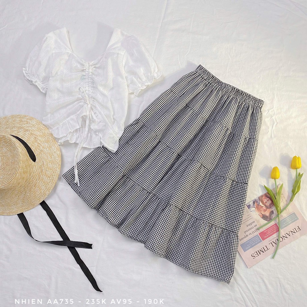 Chân váy caro Nhien vintage váy tầng dài qua gối AV95 | BigBuy360 - bigbuy360.vn