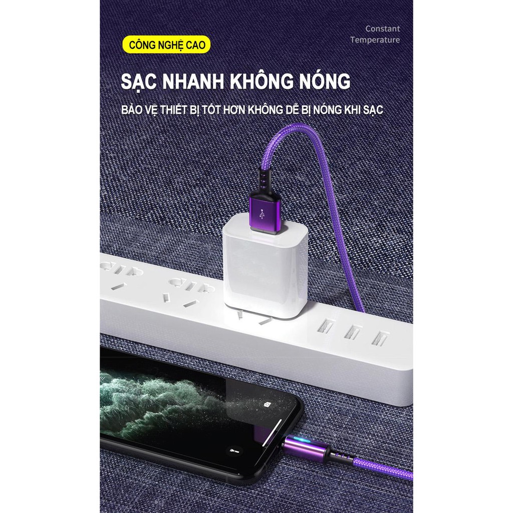 Cáp sạc nhanh hiển thị đèn LED dành cho iphone/Android dây dù 1,2M siêu bền