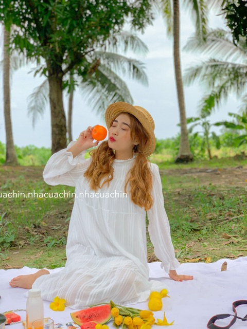 Đầm babydoll dáng dài cổ bèo, váy babydoll tay dài phong cách Hàn Quốc màu trắng 2 lớp dầy dặn