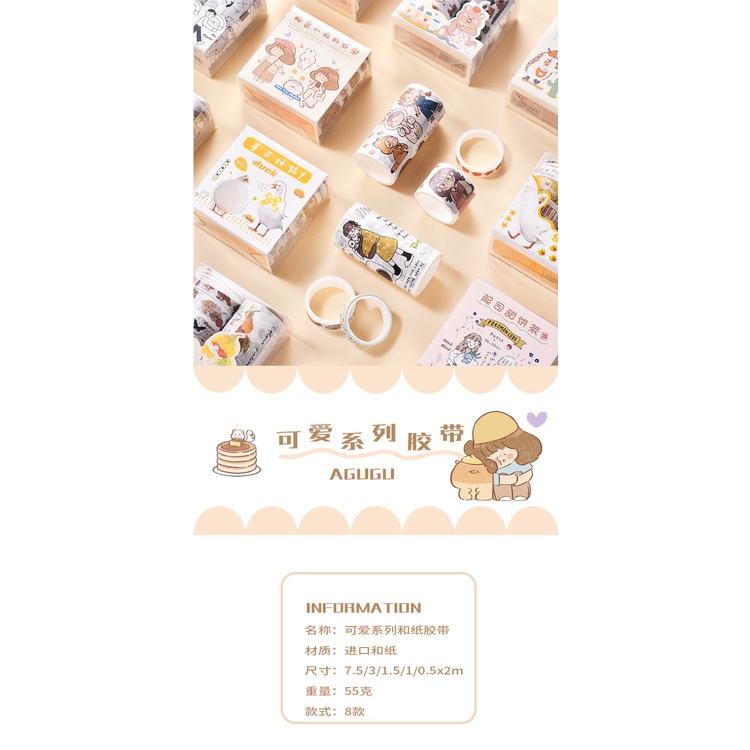 Hộp 6 cuộn băng dính trang trí washi tape khổ to đáng yêu