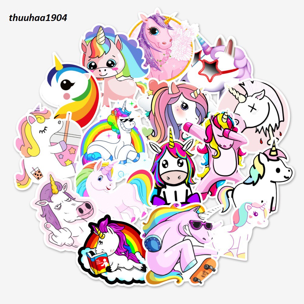 Set 50 Sticker chống nước hoạt hình kì lân dán xe vali laptop mũ bảo hiểm bàn học nhạc cụ ván trượt.