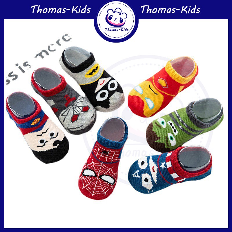 Đôi tất vải cotton thoáng khí in họa tiết Spiderman Superman Marvel Avengers hoạt hình dành cho bé từ 1 - 9 tuổi