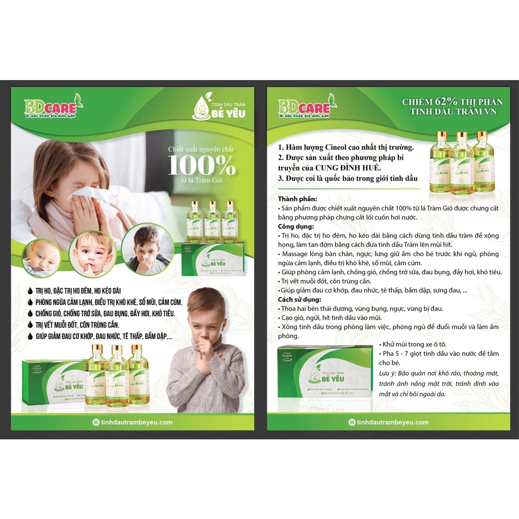 Tinh dầu tràm bé yêu Chiết xuất nguyên chất 100% tự lá Tràm Gió, Massage lòng bàn chân, ngực, lưng, giữ ấm cho bé