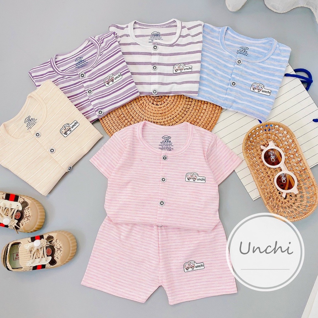 Bộ Unchi sơ sinh CÚC GIỮA kẻ chất Cotton hữu cơ mềm thoáng mát cho bé trai bé gái (QATE425)