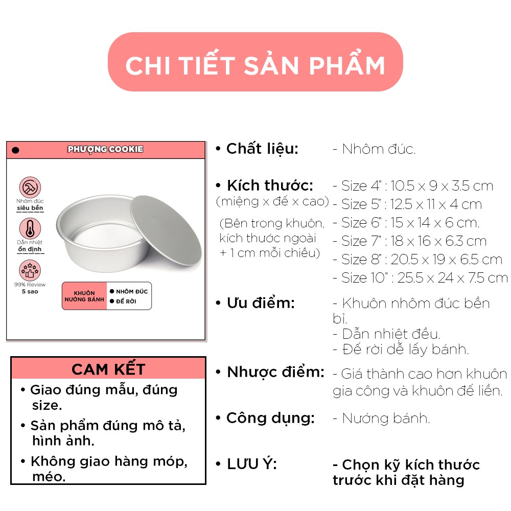 Khuôn tròn đế rời nhôm đúc dùng để nướng bánh gato, làm bông lan, chiffon