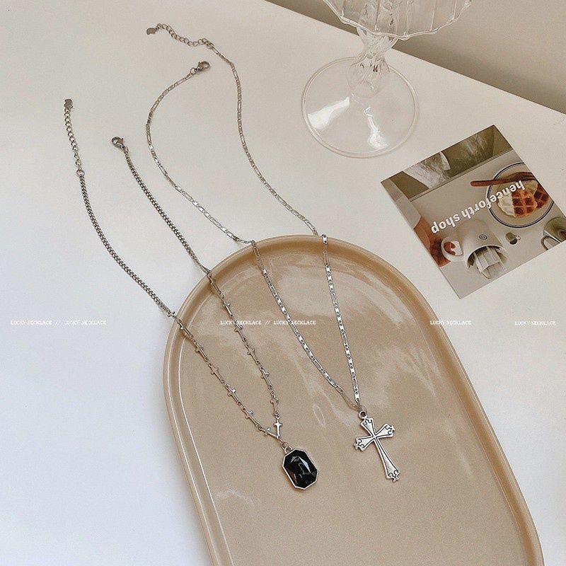 Đen vòng cổ Nhiều Lớp Mặt Hình Thánh Giá Đính Đá Phong Cách Hip Hop Âu Mỹ