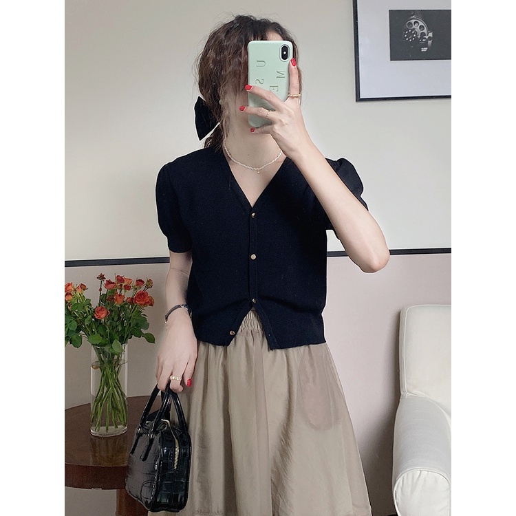 Áo Cardigan Dệt Kim Tay Phồng Ngắn Cổ Chữ V Thời Trang Mùa Hè Cho Nữ