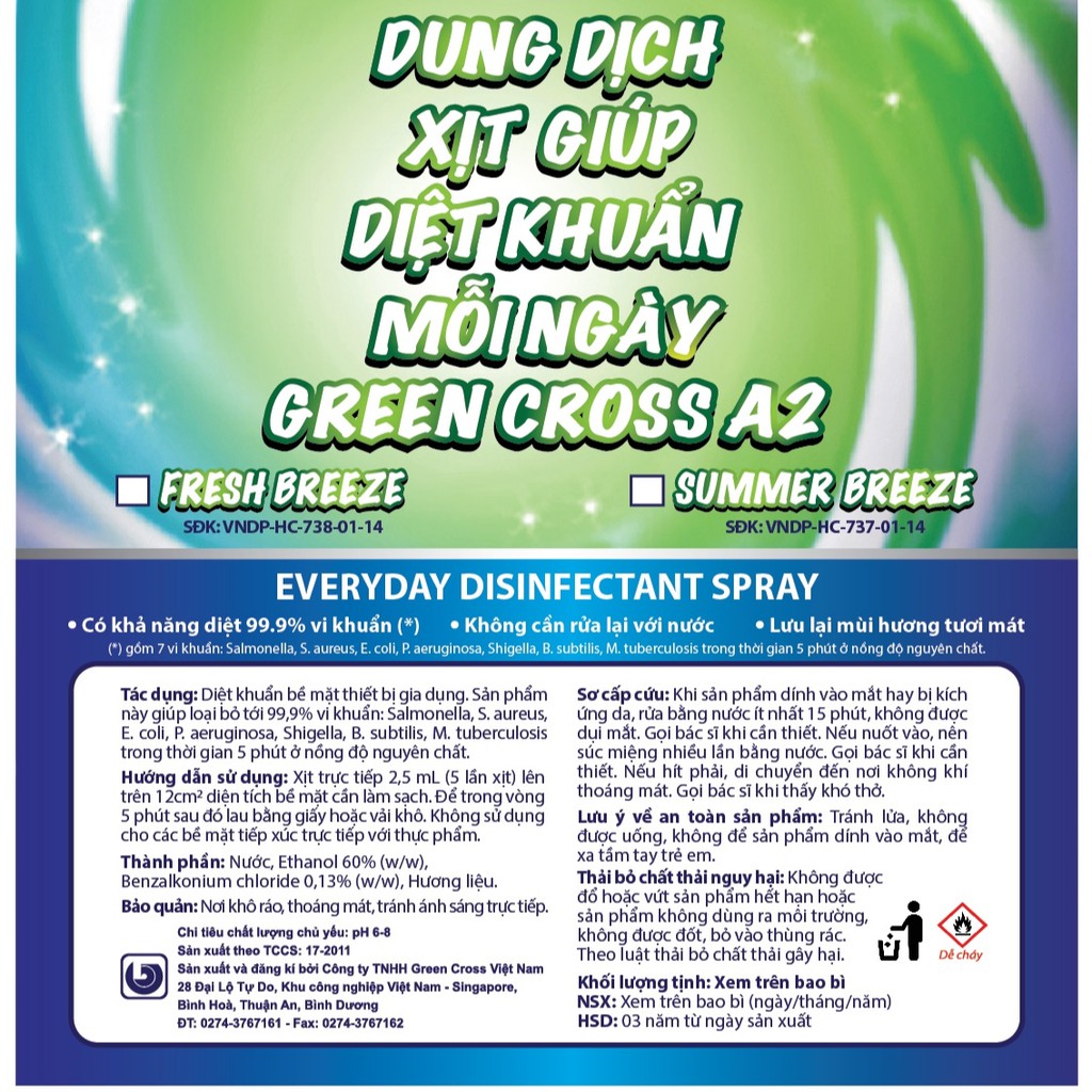 Dung dịch xịt diệt khuẩn GREEN CROSS A2 can 18L - Hương Fresh