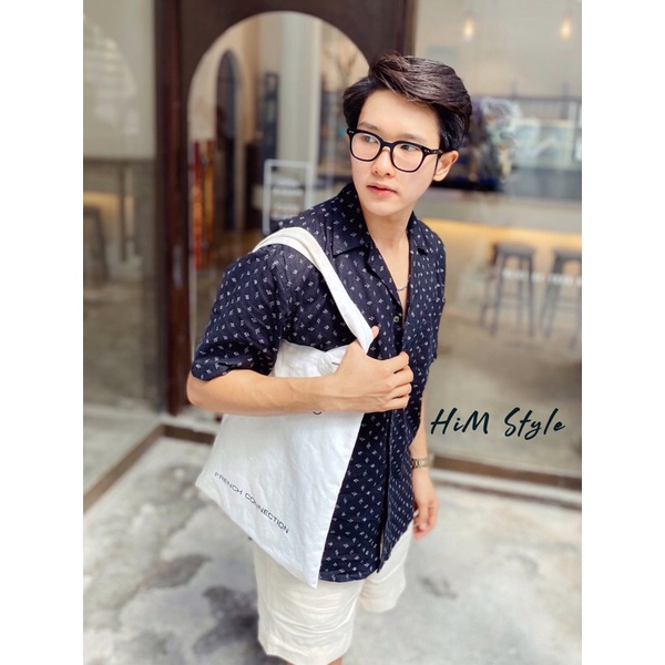 Áo Sơ Mi Tay Ngắn Linen Tưng Đen In Hoạ Tiết