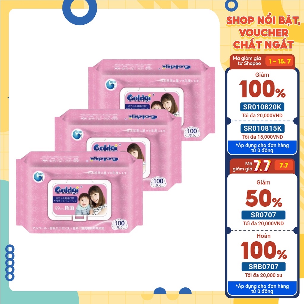 Combo 3 Hộp Khăn Ướt Kháng Khuẩn GOLDGI Nhật Bản 100 Tờ