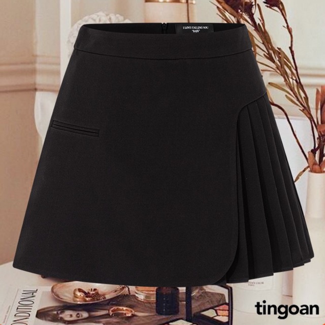 TINGOAN®  - Chân váy cạp cao xếp ly lệch vạt đen TIANA SKIRT/BL phiên bản mới nhất tháng 7 năm 2023