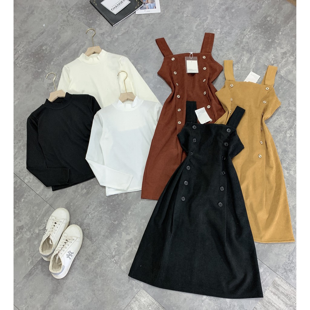 Váy Yếm Cúc + Áo Len Tăm Body | BigBuy360 - bigbuy360.vn