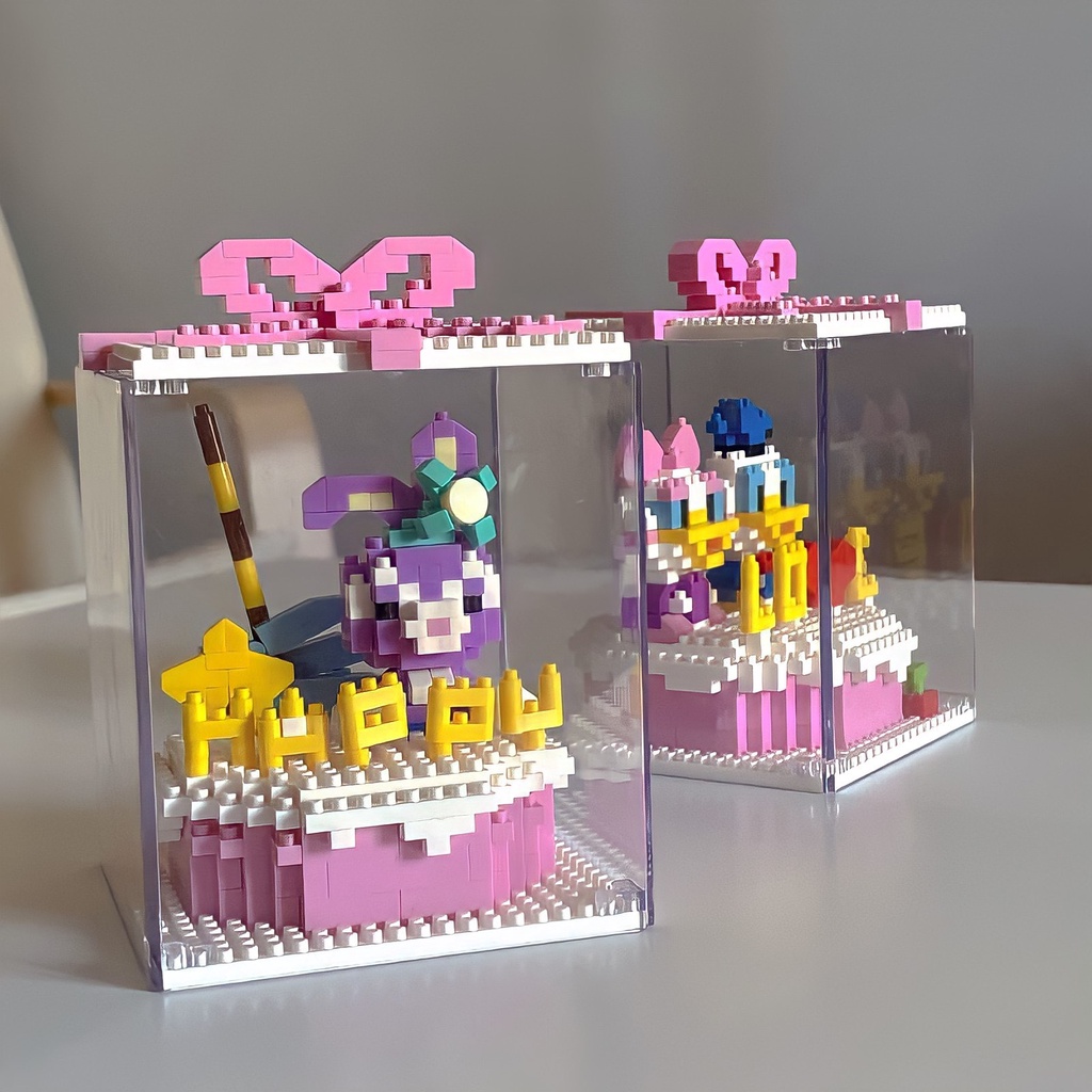 Bộ Xếp Hình Lego Bánh Sinh Nhật Hộp Quà Tặng Vịt Donal, Thỏ Stella, Chuột Mickey Có Đèn Trang Trí 3D Dễ Thương