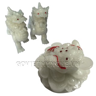 Combo tượng đá trang trí phong thủy Cóc Thiềm Thừ và Cặp Tỳ Hưu 2 sừng chiêu giữ tài lộc - Đá trắng non nước