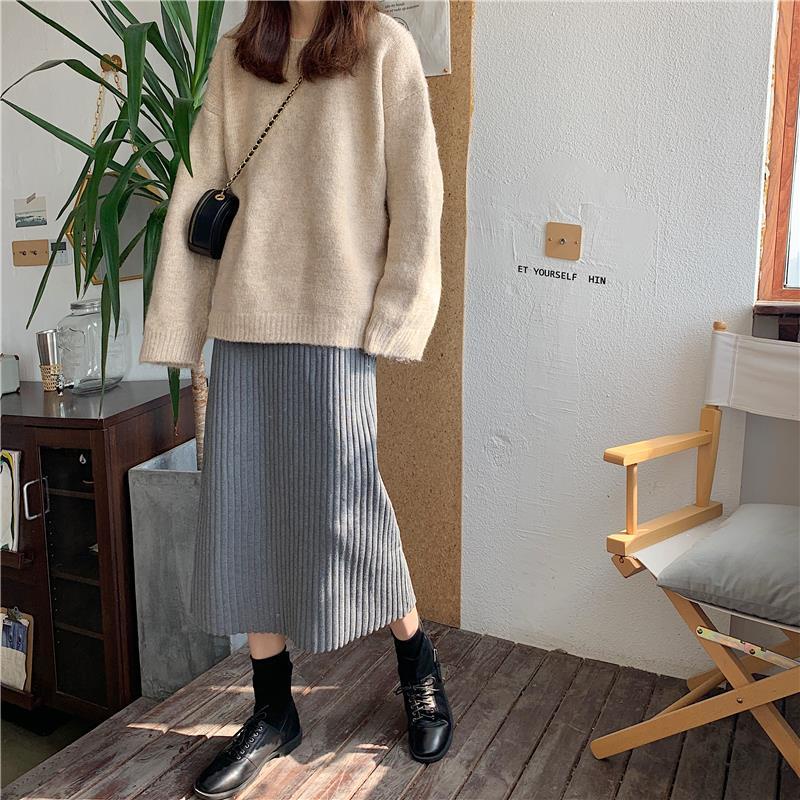 Chân váy chữ A dệt kim xếp ly thời trang thu đông phong cách Hàn Quốc mới