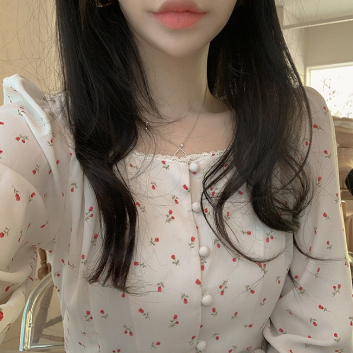 Áo kiểu SUXI cổ vuông họa tiết hoa phong cách Hàn Quốc xinh xắn cho nữ