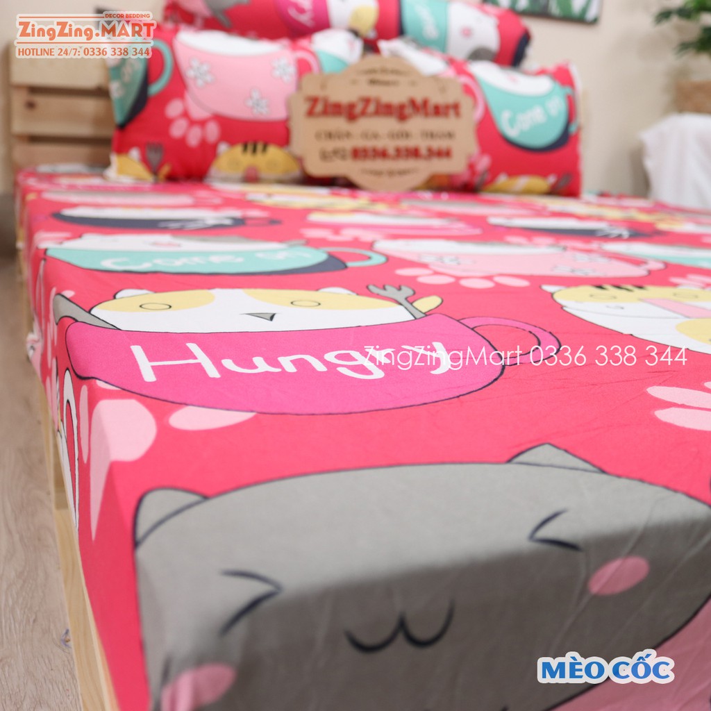 Bộ Ga Gối Poly Ga trải giường | Bộ Drap giường Mèo Cốc ( 1 ga + 2 vỏ áo gối ) - ZingZingMart