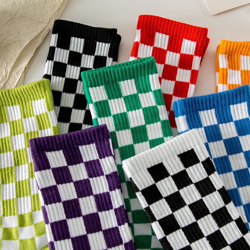 Vớ Cotton Cao Cổ Co Giãn Tốt Họa Tiết Ô Vuông Phong Cách Mới