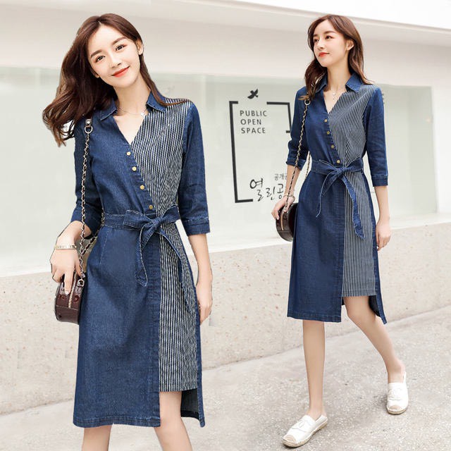 Đầm jeans, váy bò kẻ sọc dáng suông tày dài