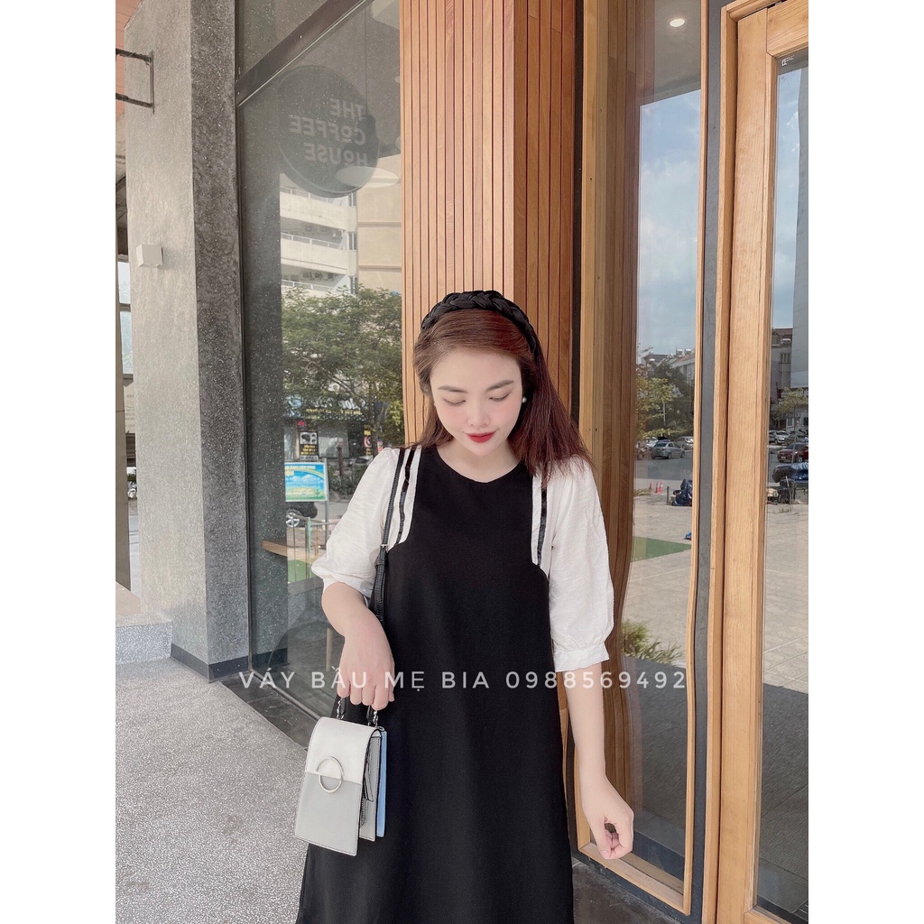 Váy bầu bigsize 40-100kg Đầm bầu công sở Váy bầu đẹp màu đen phối tay trắng cổ tròn MB237