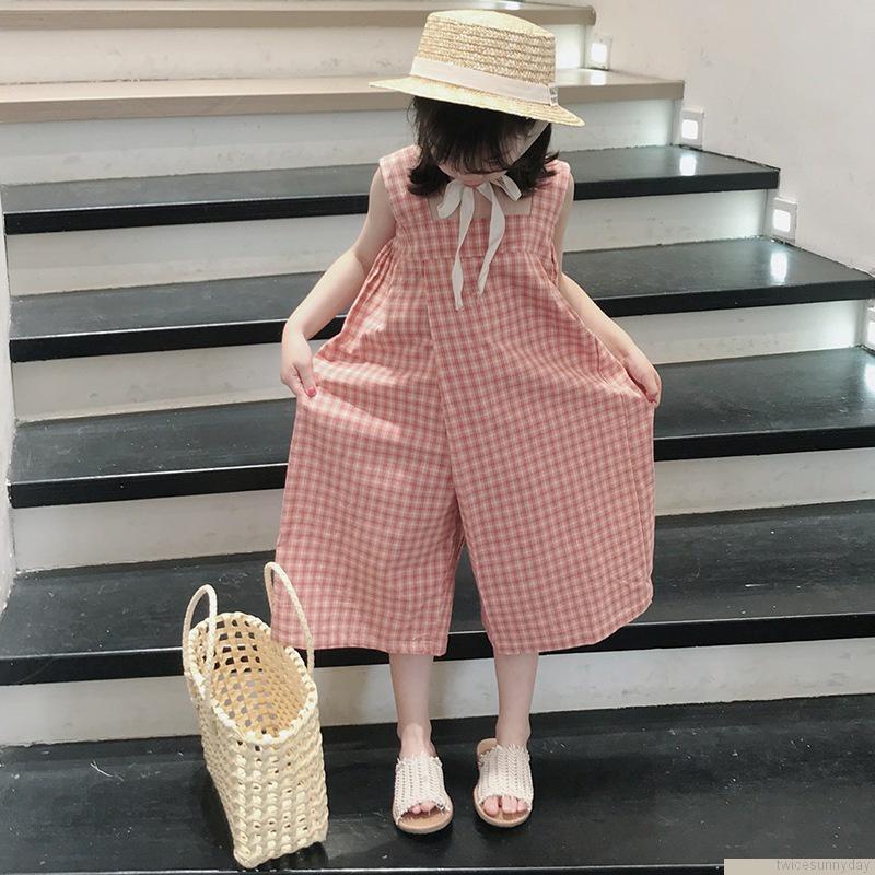 Bộ áo liền quần mùa hè in họa tiết caro phong cách Hàn Quốc dễ thương cho bé gái