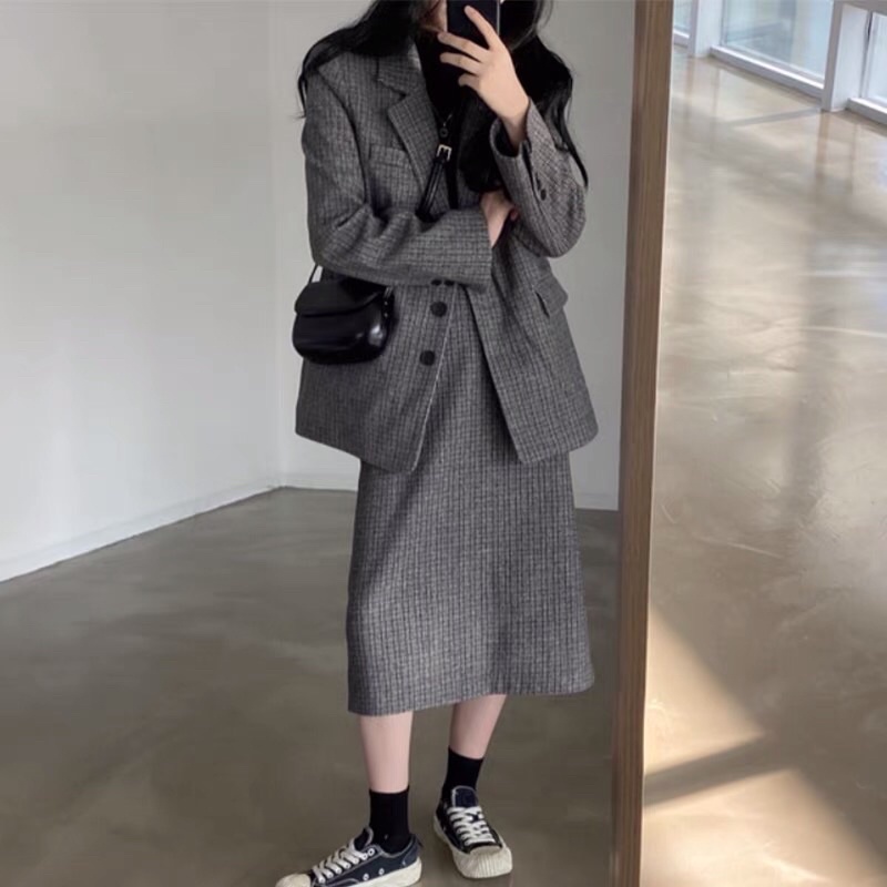 Set áo blazer caro chân váy chữ A