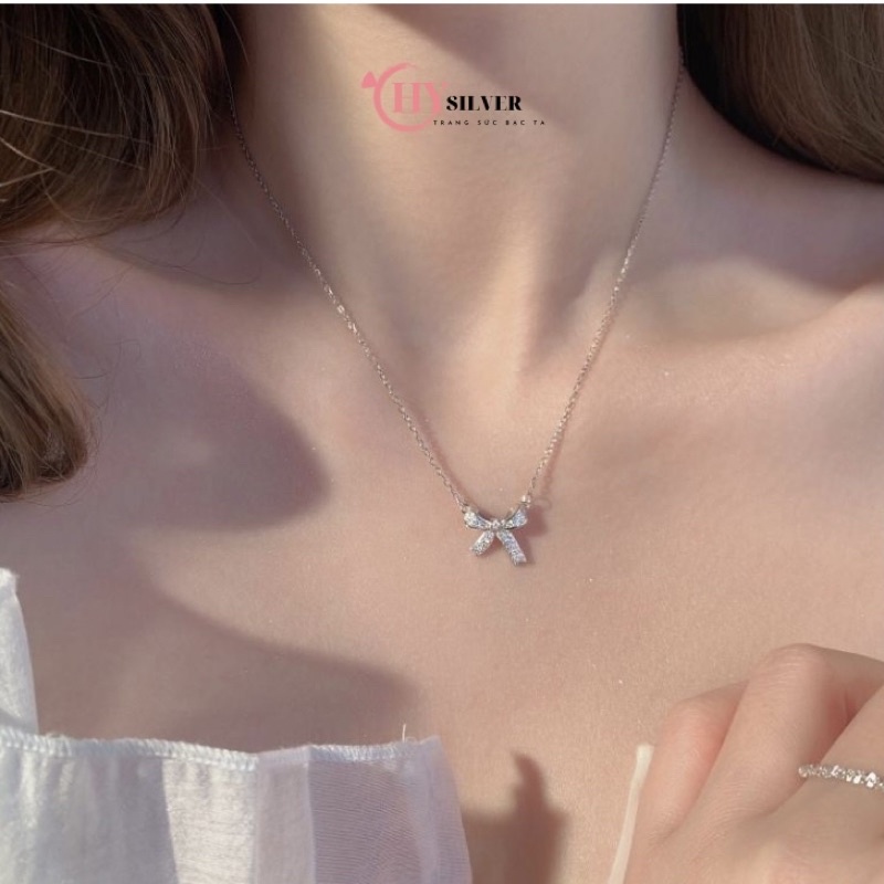 Dây chuyền bạc ta nơ đính đá nhỏ xinh nữ tính dây chuyền nữ bạc thật giá rẻ