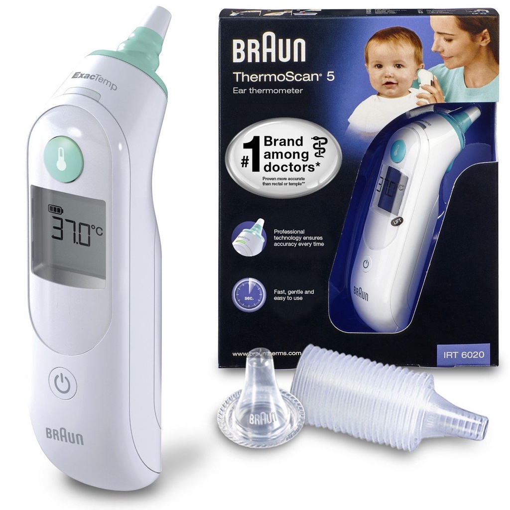 Nhiệt kế đo tai Braun IRT6020 | Máy đo thân nhiệt Braun ThermoScan 5 IRT6020, tặng thêm 1 hộp đầu bọc made in USA
