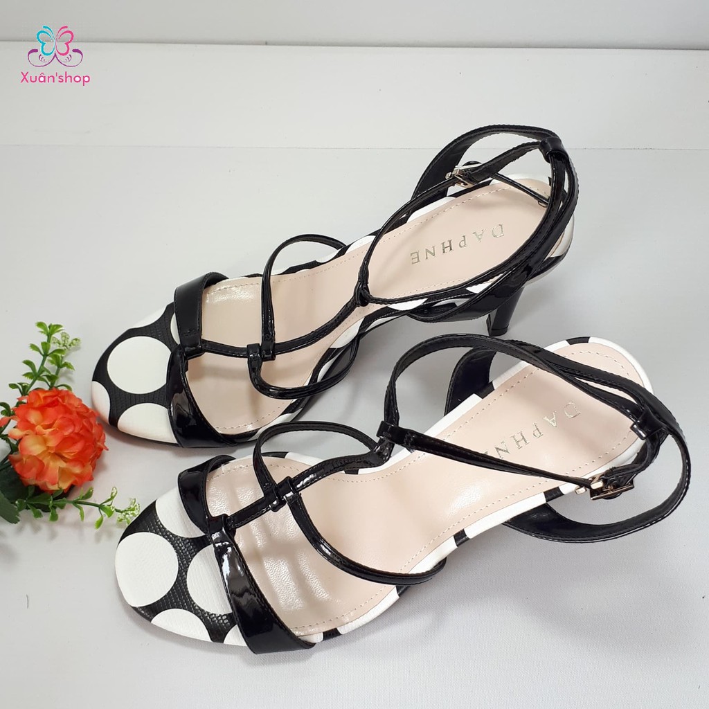 Sandal Daphne da bóng họa tiết chấm bi gót nhọn 10cm