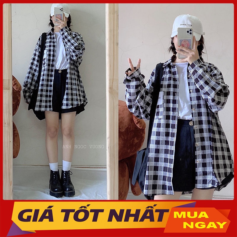 Áo Sơ Mi Kẻ Caro Phom Rộng Hàng Quảng Châu M075