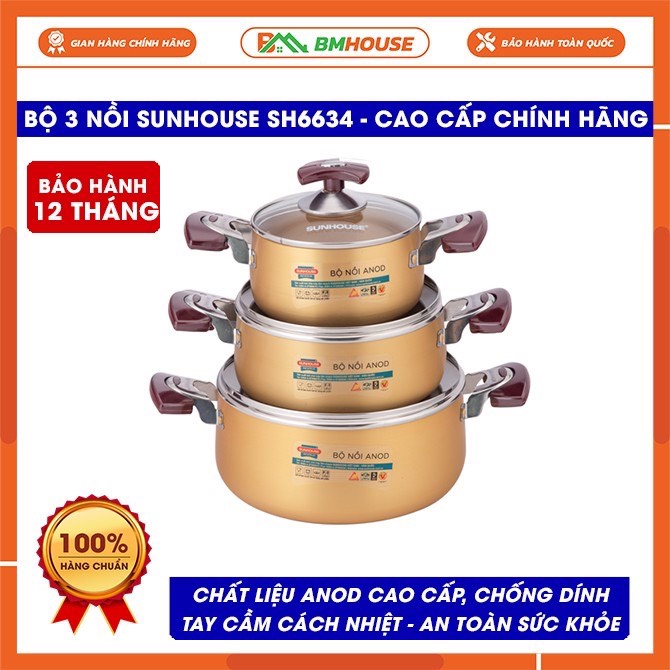 Bộ nồi Anod Sunhouse SH6634 chất liệu nhôm dùng bếp gas bếp hồng ngoại- hàng chính hãng bền bỉ